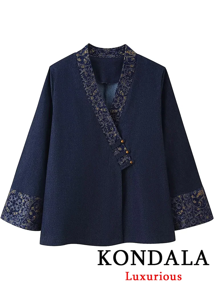 

KONDALA уличная одежда, повседневные шикарные джинсовые женские куртки с вышивкой, v-образным вырезом и длинными рукавами, свободное пальто, модная осенняя праздничная куртка 2025 года