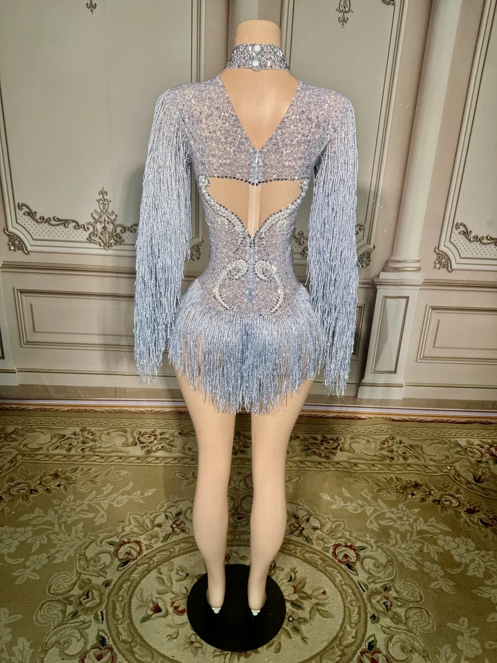 Rhinestones แขนยาว Fringes บอดี้สูทผู้หญิงเซ็กซี่ตาข่ายเต้นรําเครื่องแต่งกายนักร้องนักเต้นเวทีสวมใส่