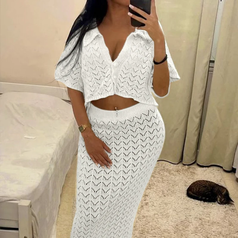 Women's New Style 2Pcs Beachwear Cover Ups Solid Color Knitted Outfits Set Vacation Beach Hollow Out Sunscreen Top Skirt Suit