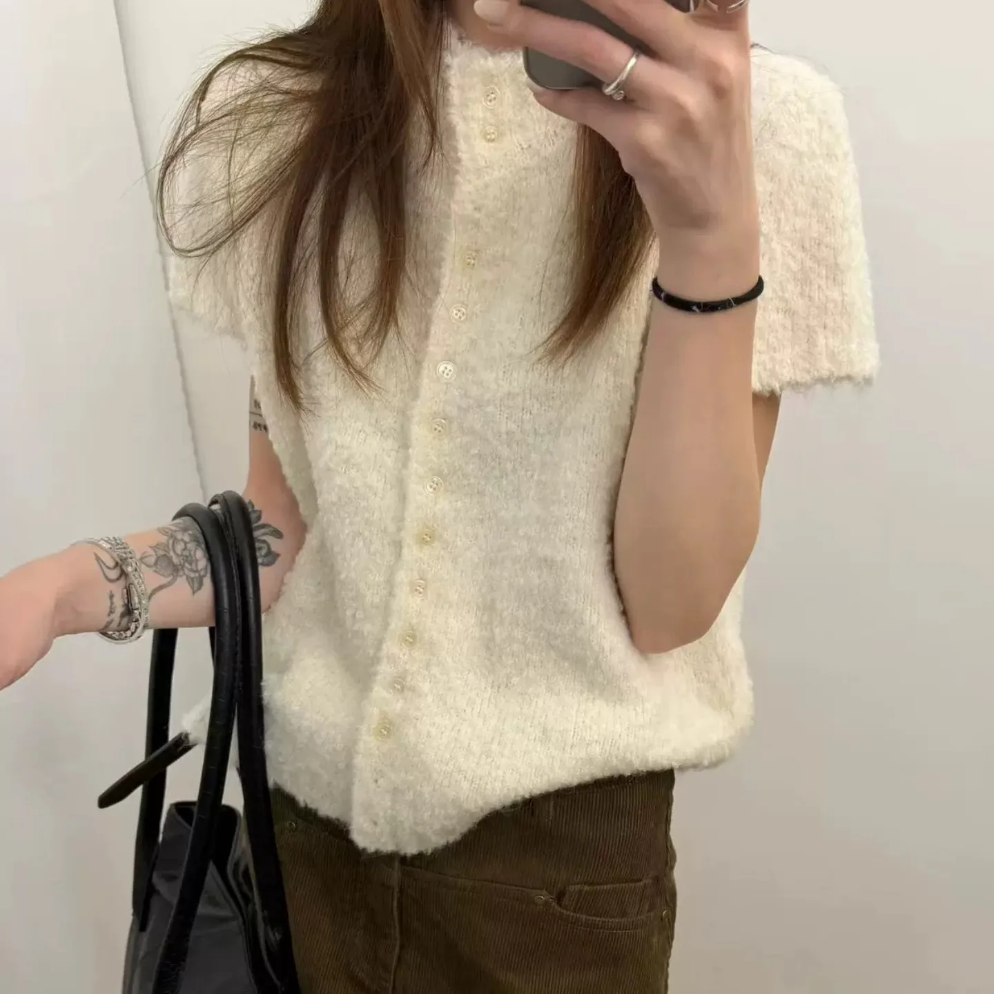 Korean Style Stand Collar Short Sleeve Knitted Open Cardigan Women's Slimming Versatile Sweater Elegant Fashion Top