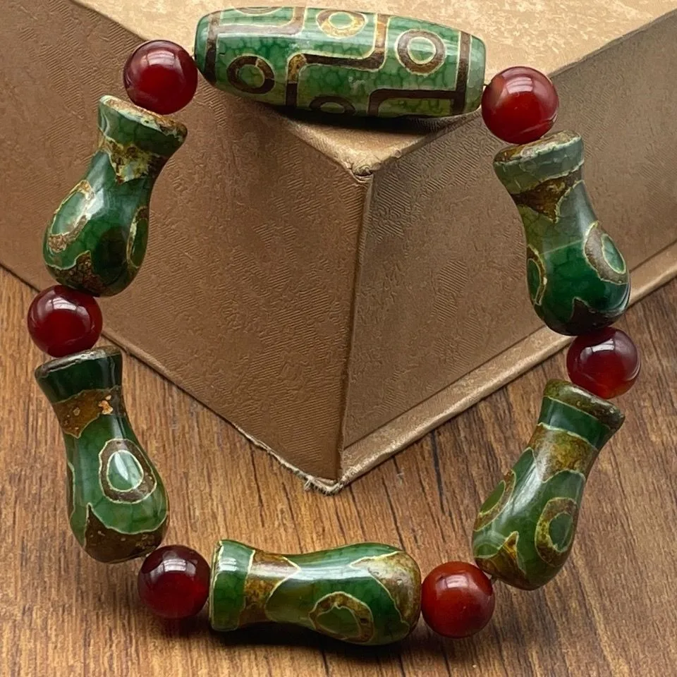 Green Dragon 10 Eye Old Dzi Bead Peace Amulet Pendant Round Flat Bead