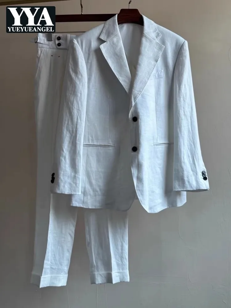 Linen Thin New Style Males Blazers Suits Single Breasted Two Button Business Casual Jacket Match Set Full Length Trousers Outfit