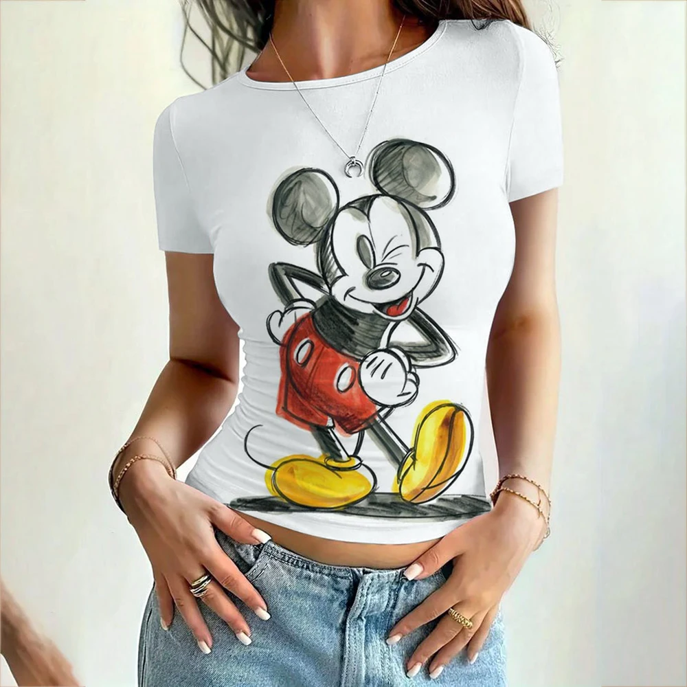 ديزني ميكي ماوس طباعة 2025 الصيف مثير المرأة الأساسية س الرقبة قصيرة الأكمام تي شيرت المرأة سليم صالح مطاطا تي شيرت أعلى 20 co