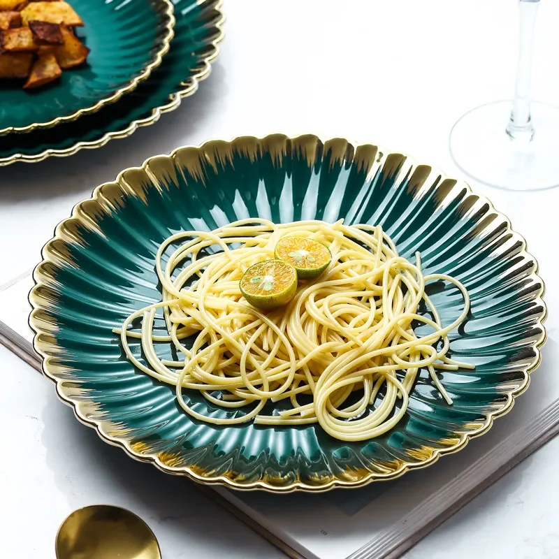 

Nordic Ceramic Gold-Edged Bowl Plate Rice Bowl Western Food Dish Household Dark Green Bowls and Dishes Tableware Set