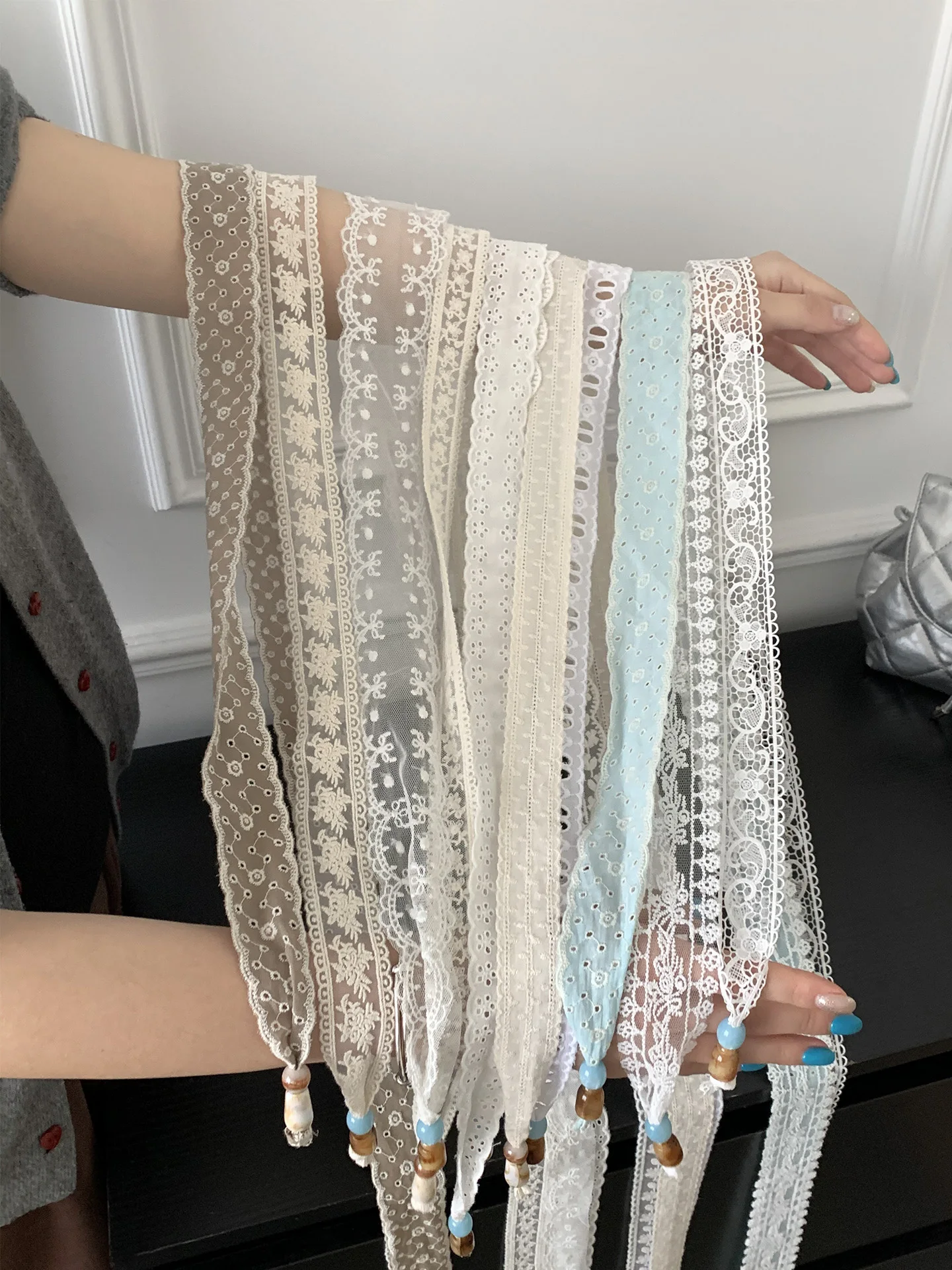 Korean Style Long White Lace Scarf Women's Versatile Sash Neck Decorative Fashionable Spring Summer Accessory Rectangular Shape