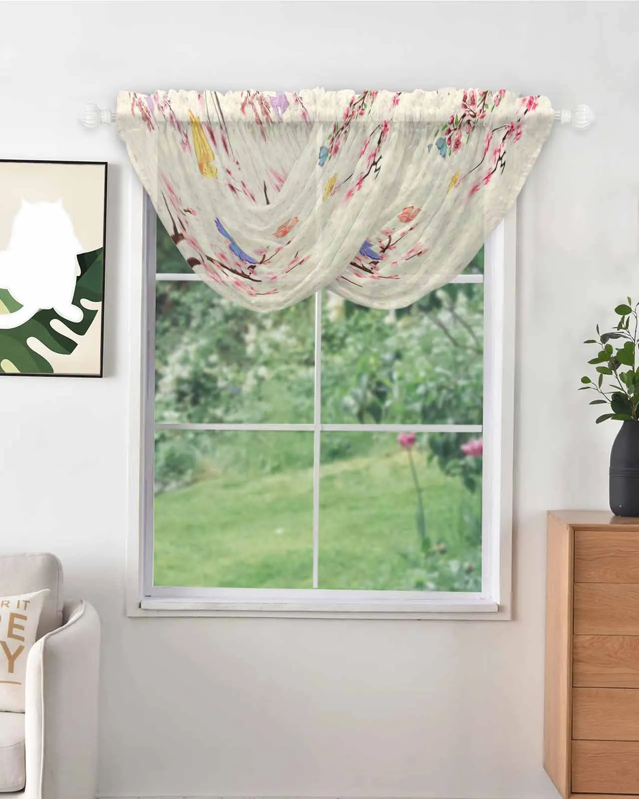 Butterfly Cherry Blossom Plum Flower Sheer Tulle Curtains for Kitchen Bathroom Balcony Window Transparent Voile Drapery