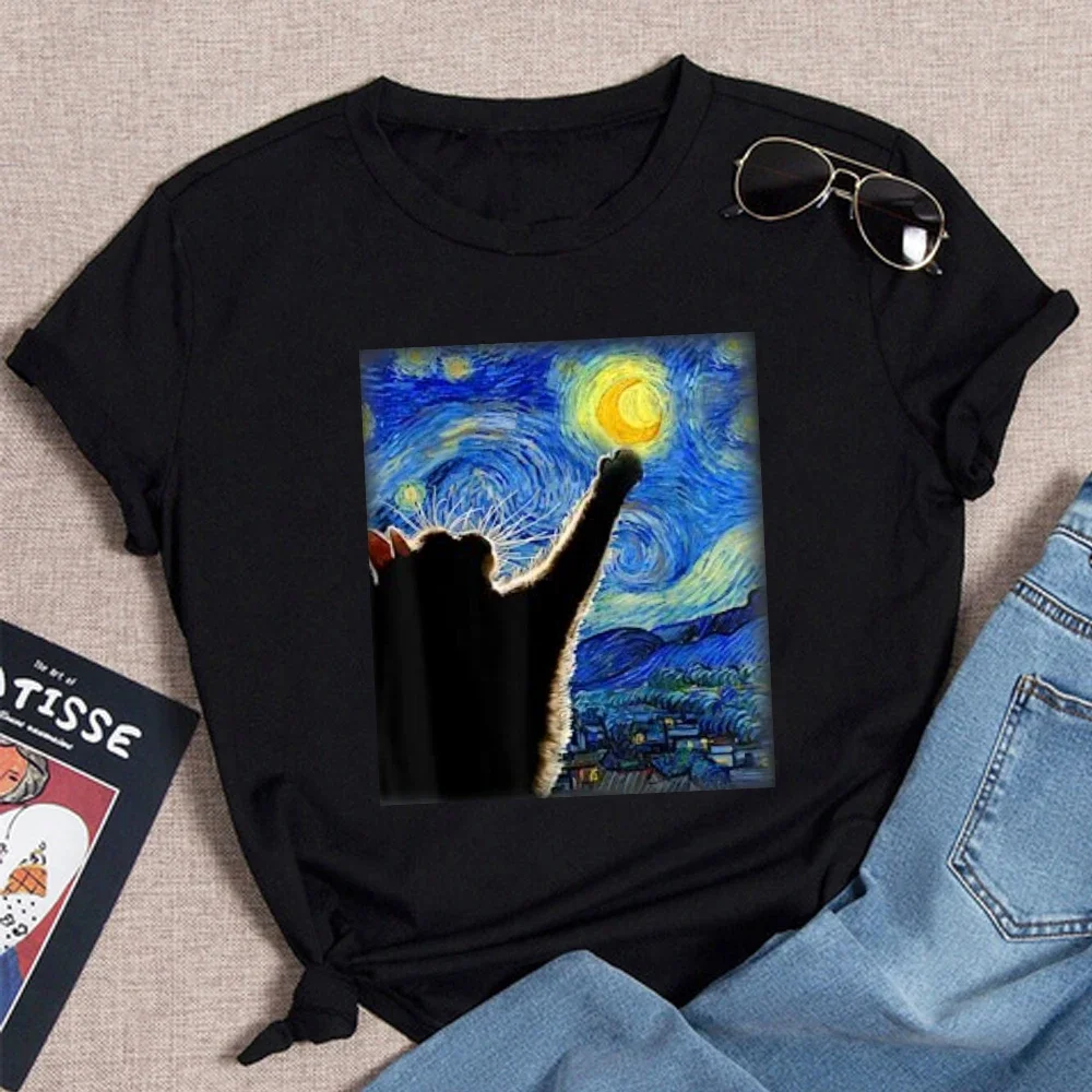 Women T Shirt Van Gogh Starry Night Cat In The Print Clothing Aesthetics Graphic White Short Sleeve Polyester Women's T Shirt