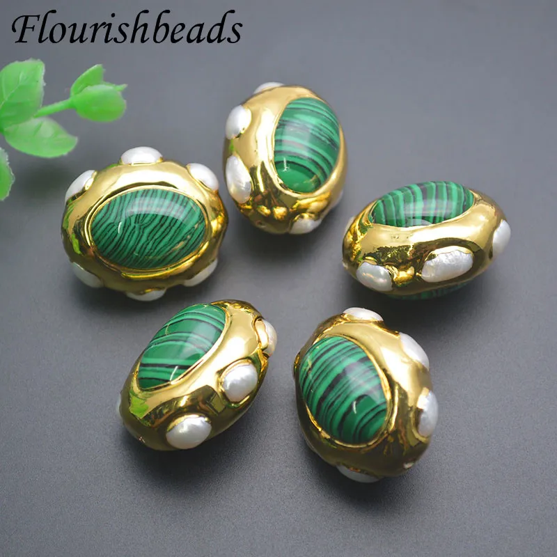 

5pcs/lot Oval Synthetic Malachite Pearls Gold Plated Loose Beads for DIY Fashion Necklace Jewelry Making