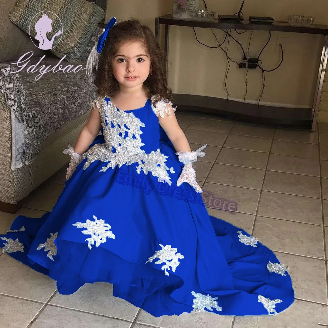 Vestido azul real de flores para niña, vestido de encaje para boda, vestido de princesa hinchada sin mangas, vestido de desfile para niño, cumpleaños de bebé, primera comunión