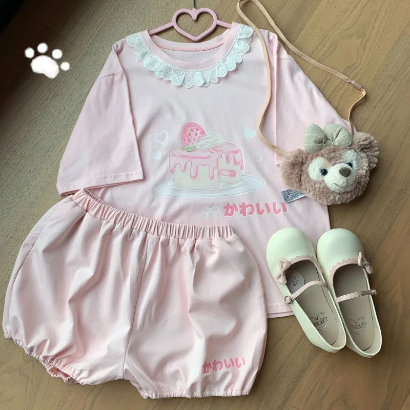 Pink 2 Piece Set for Sweet Girls Cute Shorts Sets Strawberry Cake Pattern Lace Trim Tops Tee Elastic Waist Shorts Kawaii Clothes