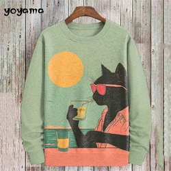 Cat Print Long Sleeve Hoodie for Men Oversized Hoodies Pullover Autumn Men Round Neck Sweatshirt Fashion Unisex Clothing Tops