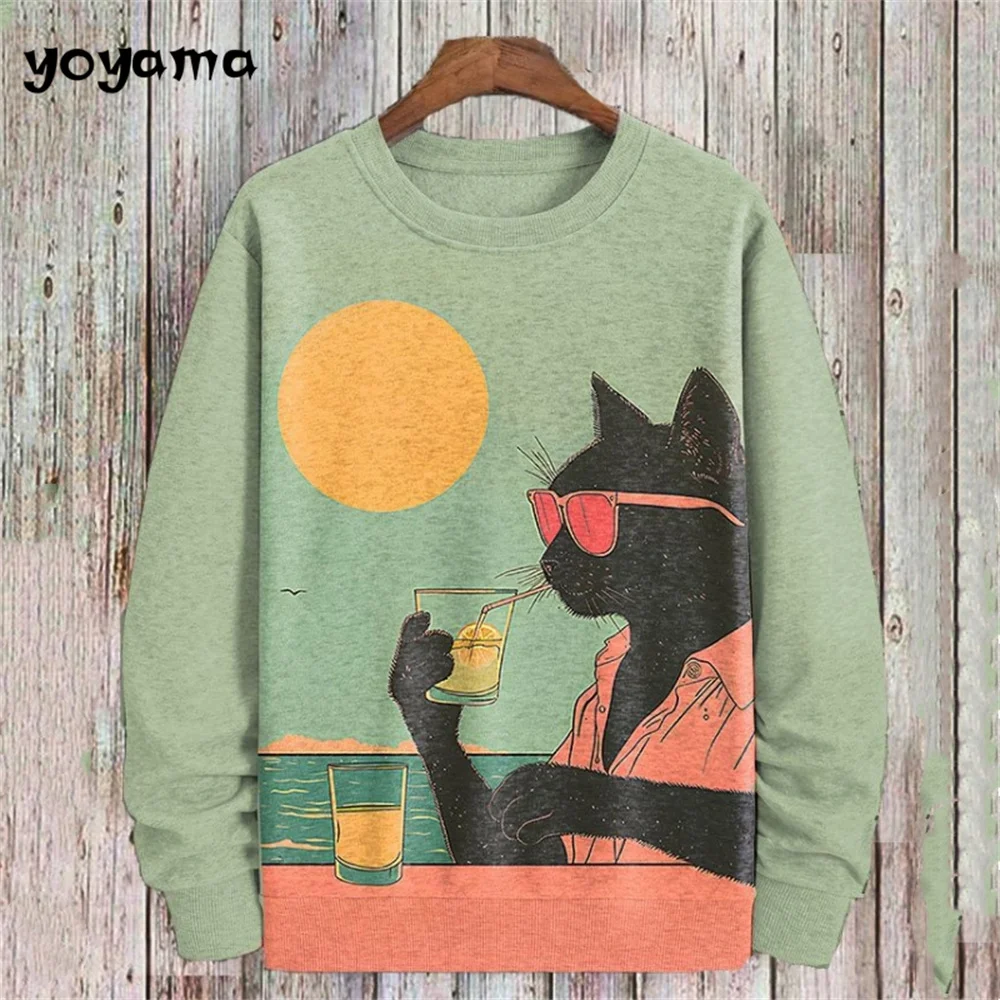 Cat Print Long Sleeve Hoodie for Men Oversized Hoodies Pullover Autumn Men Round Neck Sweatshirt Fashion Unisex Clothing Tops