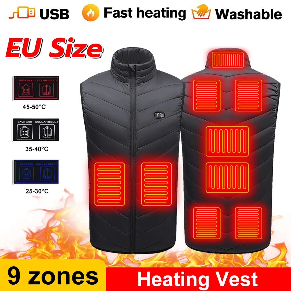 New 9 Heating Zones Heated Vest For Men Women USB Powered 3 Gear Temperature Control Winter Warm Vest For Outdoor Hiking Camping