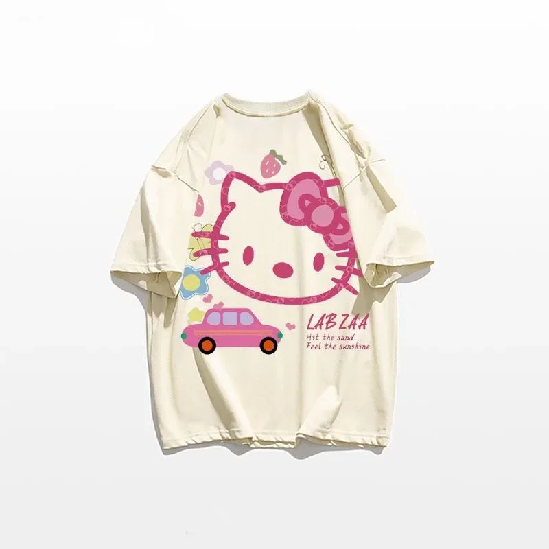 Sanrio เสื้อยืดคอกลมแขนสั้นสำหรับผู้หญิง, เสื้อ Y2K พิมพ์ลายการ์ตูนฉบับภาษาเกาหลี Hello Kitty