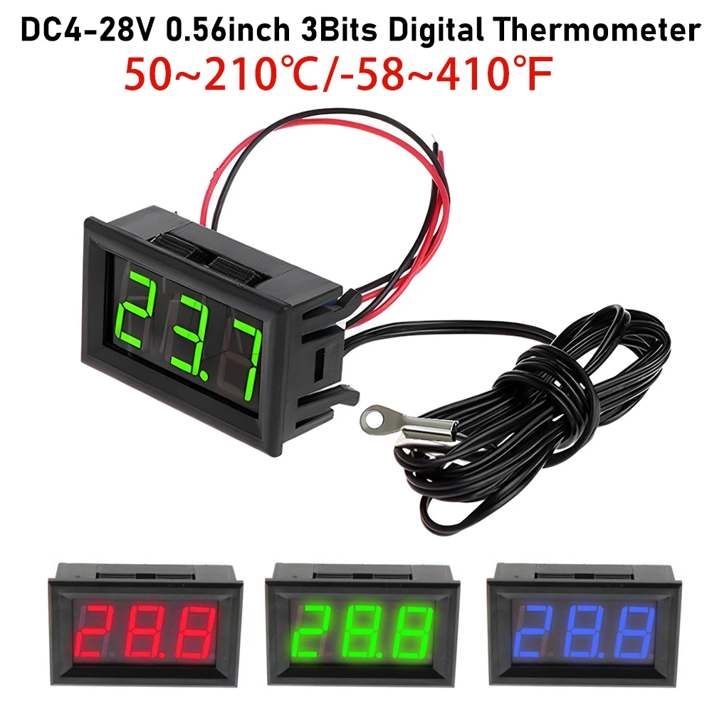 DC4-28V 0.56 Inch 3 Bits Digital Thermometer LED Temperature Meter Sensor with NTC 3950 100K Sensor Probes -50~210℃/-58~410℉