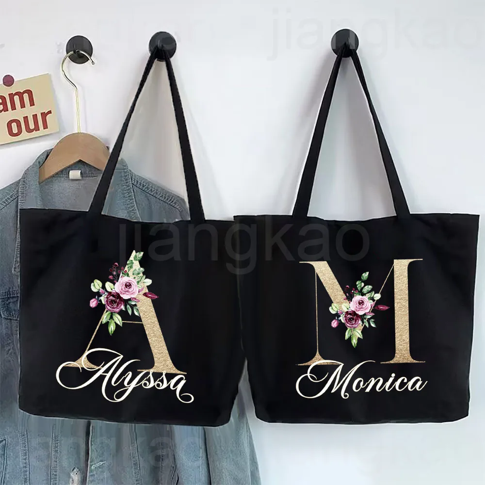 Personalized Initial with Name Tote Bag Women Canvas Shoulder Bags Monogram Shopping Bag Handbags Birthday Wedding Gifts for Her