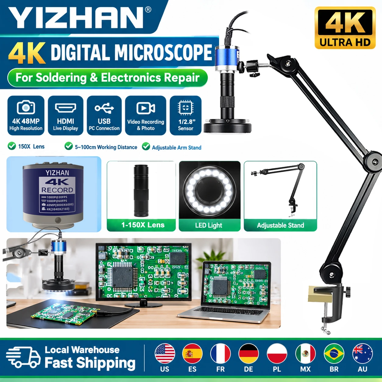 YIZHAN Digitales HD-Mikroskop 2K/4K zum Löten, HDMI USB VGA Kamera, Zoomobjektiv 215X 180X 150X 130X, Sensor IMX415 IMX327 IMX678