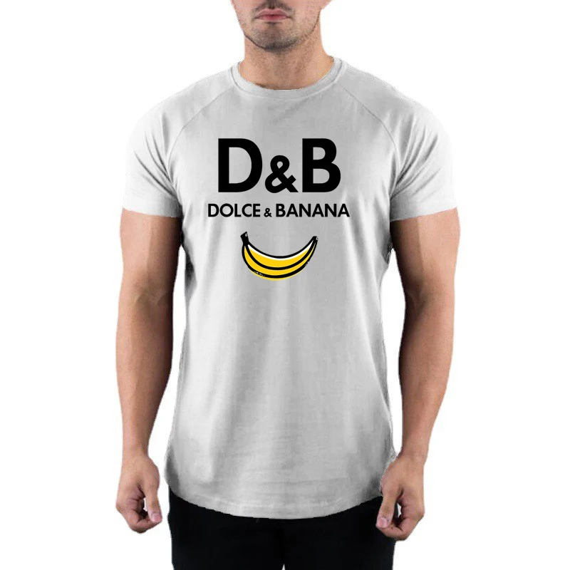 D&B DOLCE & BANANA Print Short Sleeve T-shirt Gym Workout Muscle Running Sport Shirt Mens Bodybuilding Fitness Cotton Clothing