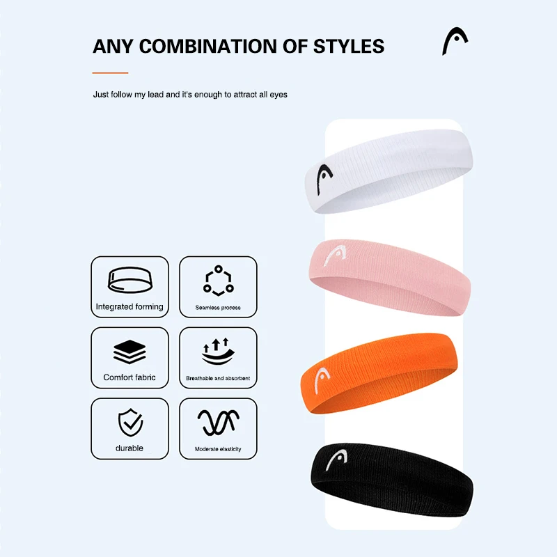 HEAD Sports Headband Sweat Absorption Yoga Fitness Headband Non-Slip Elastic Cycling Headwear HEAD Workout Sweatband Sport