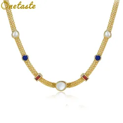Lapis Lazuli Mother of Pearl Cubic Zirconia 925 Silver Gold Plated Station Necklace Women Dainty Stack Chain Chokers Necklaces