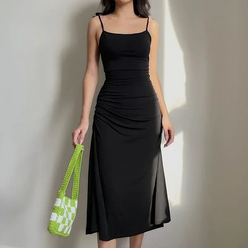 

Fashion Strappy Ruched Sexy Black Dress Irregular Elegant Backless Long Dress Party Summer Dresses Women Clothes Vintage Dress