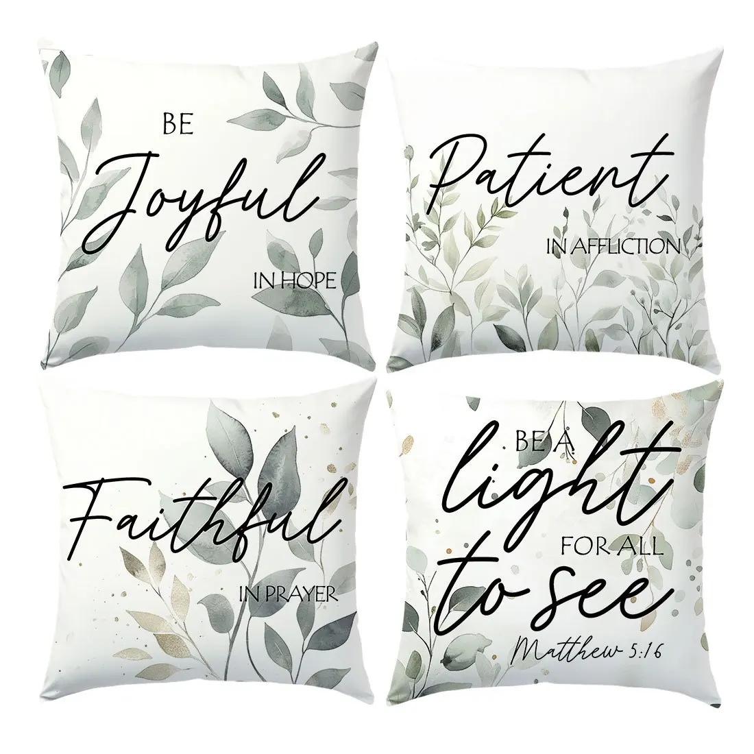 4Pcs Single-Sided Printed Pillow Covers - Fresh Green Leaf & Bible Verse Cushion Covers for Living Room Sofa/Bedroom Decor
