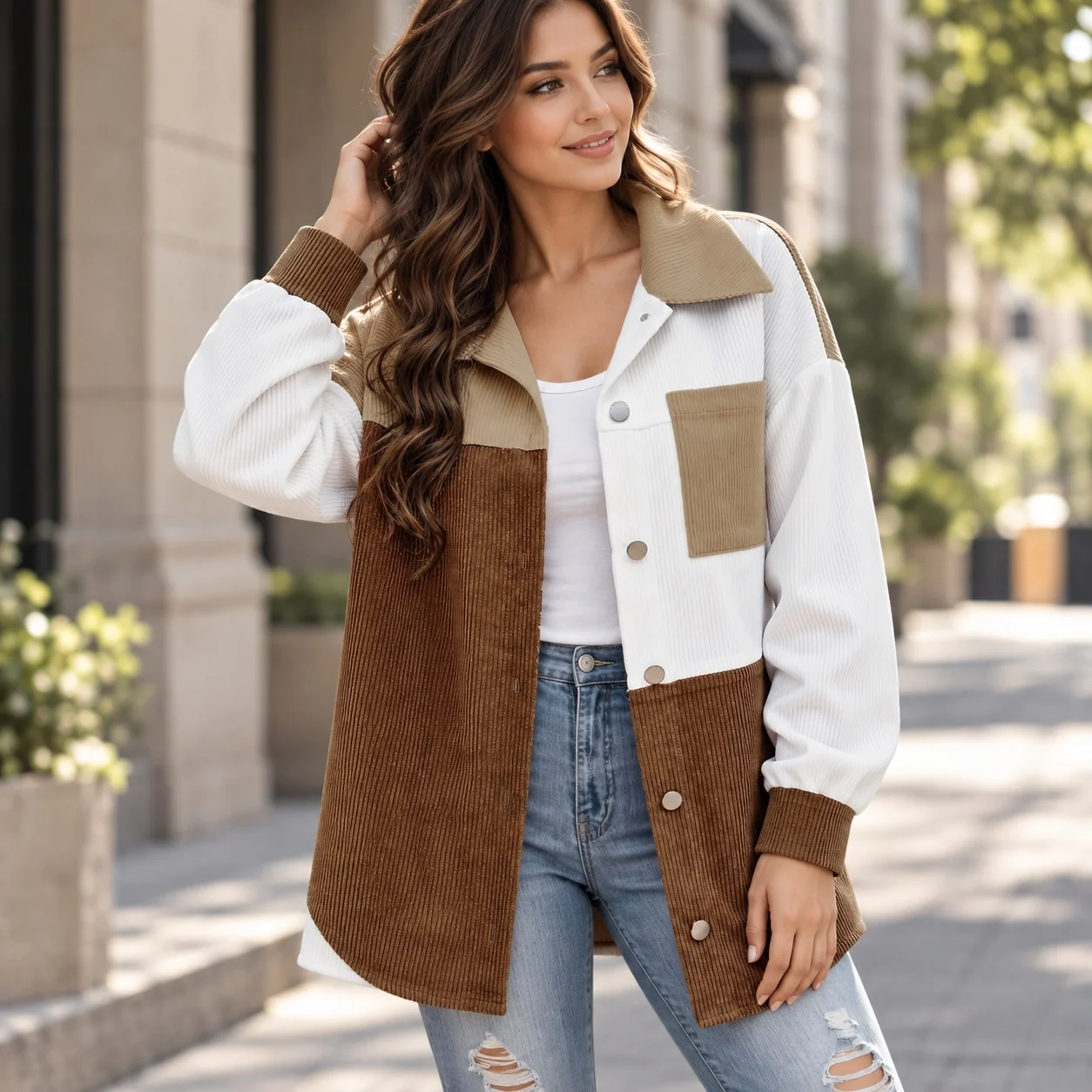 Stand Collar Jacket Loose Fit Mid Length Elegant Commuter Style with Regular Sleeve Single Row Multi Button Closure Women Jacket