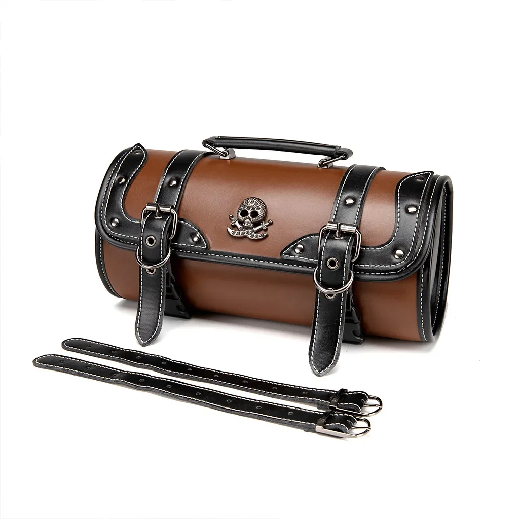 Gothic Pirate Skull Dagger Barrel Bag, Steampunk Brown Leather Mini Crossbody Handbag with Detachable Strap  FBG375BK