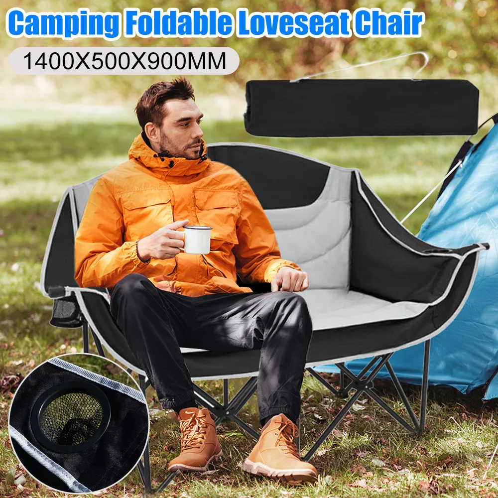 

Double Camping Folding Loveseat Chair Padded 2Person Bench with Cup Holder Carry Bag 600lbs Support for Picnic Beach Sports Trip
