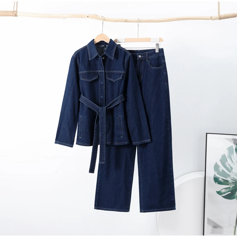 Zweiteiliges Vintage-Jeans-Set für Damen, einreihig, Reversgürtel, Jacke, passende Jeans mit hoher Taille und geradem Bein, lässiges tägliches Outfit – Detail 5
