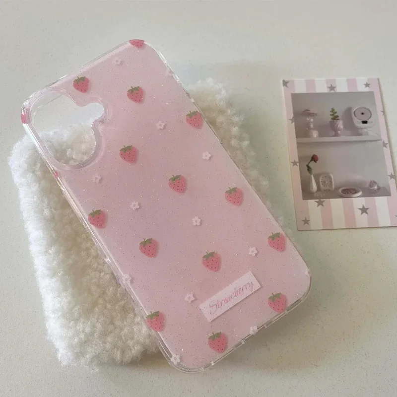الكورية لطيف الوردي الفراولة زهرة Kawaii الحب جراب هاتف آيفون 16 15 14 13 12 11 برو ماكس XR XS ماكس 7 8 زائد غطاء Y2K صغير