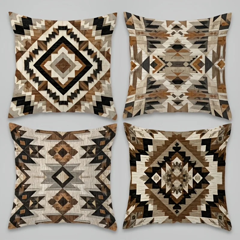 4pc Western Aztec Geometric Throw Pillow Covers Set of 4  Rustic Farmhouse Decorative Couch Pillow Cases for Sofa Bedroom