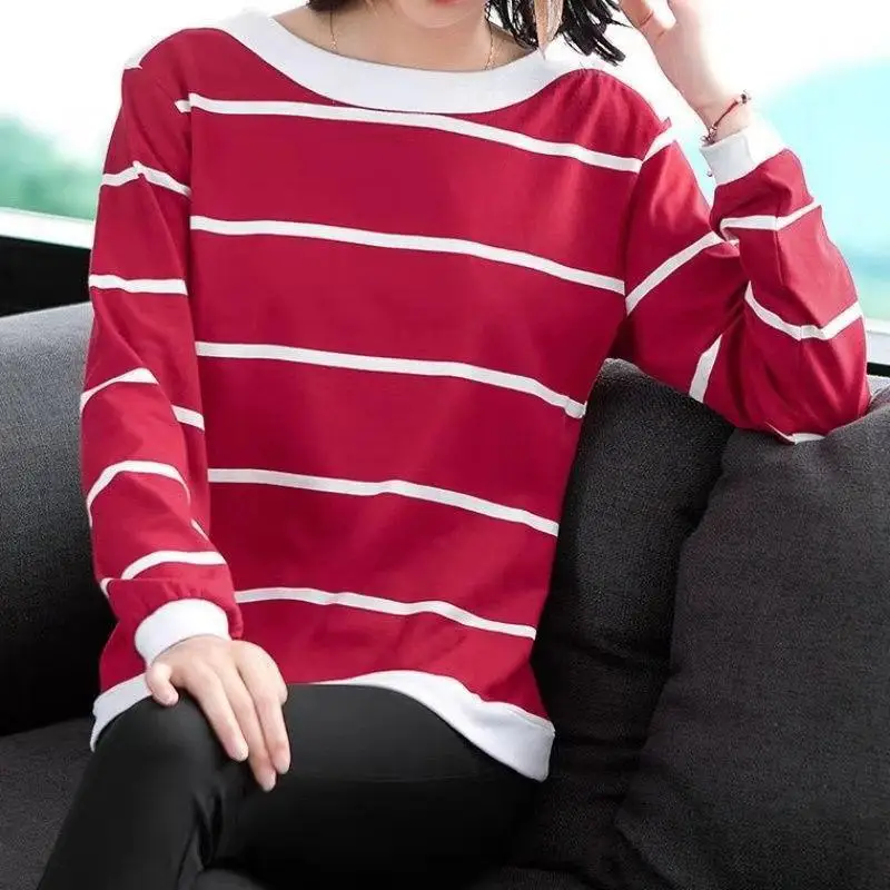 2023 Fashion New Autumn and Winter Versatile Temperament Women\'s Clothing Round Neck Long Sleeve Oversize Casual Striped T-shirt