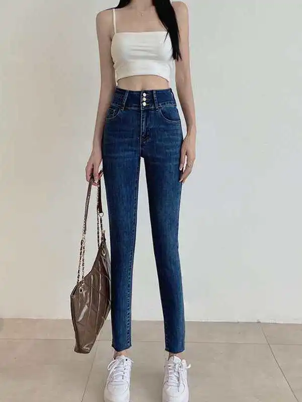 

Винтажные синие джинсы Waed с высокой талией, облегающие, эластичные, женские, летние, с высокой талией, Cleanfit, для среднего возраста, больших размеров, из полиуретановой ткани