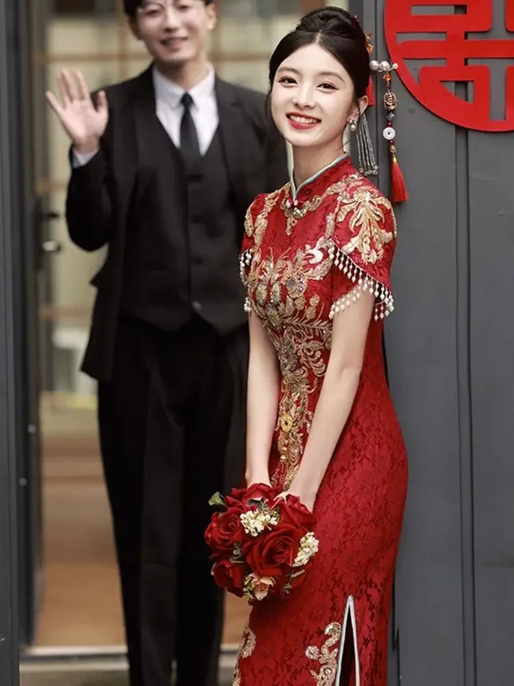 Cheongsam-ropa de tostada tradicional para mujer, vestidos de compromiso chinos de boda, falda pequeña de encaje para puerta trasera