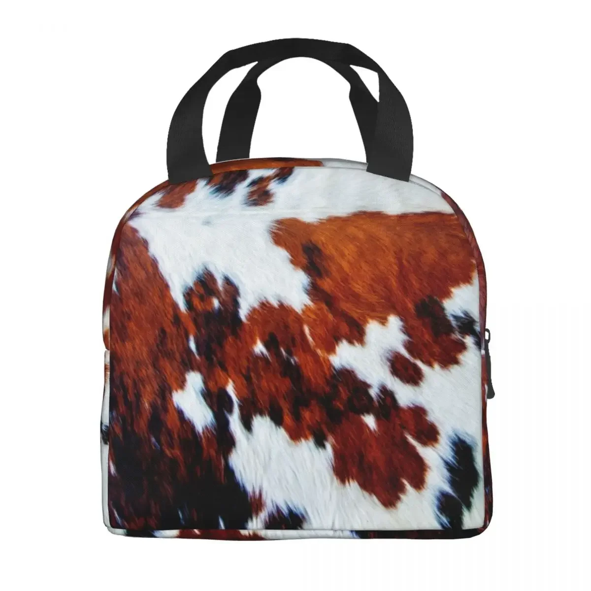 Faux Fur Cowhide Leather Insulated Lunch Bag for Women Animal Hide Fur Texture Thermal Cooler Lunch Box Kids School Children