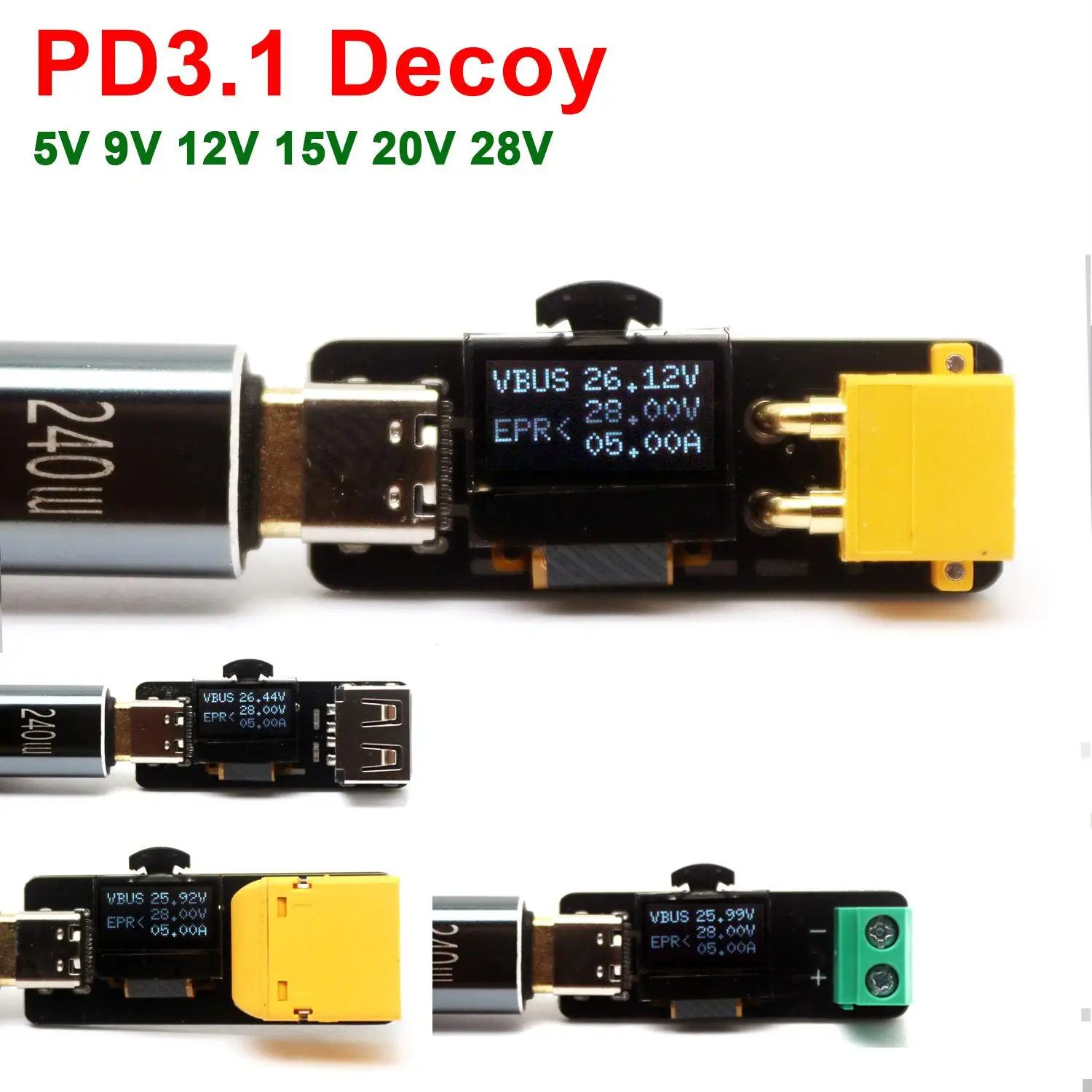PD3.1 EPR Voltage Decoy Fast Charging W LCD Display 5V 9V 15V 20V 28V Trigger TYPE-C To DC XT30 XT60 USB Model Aircraft Charger