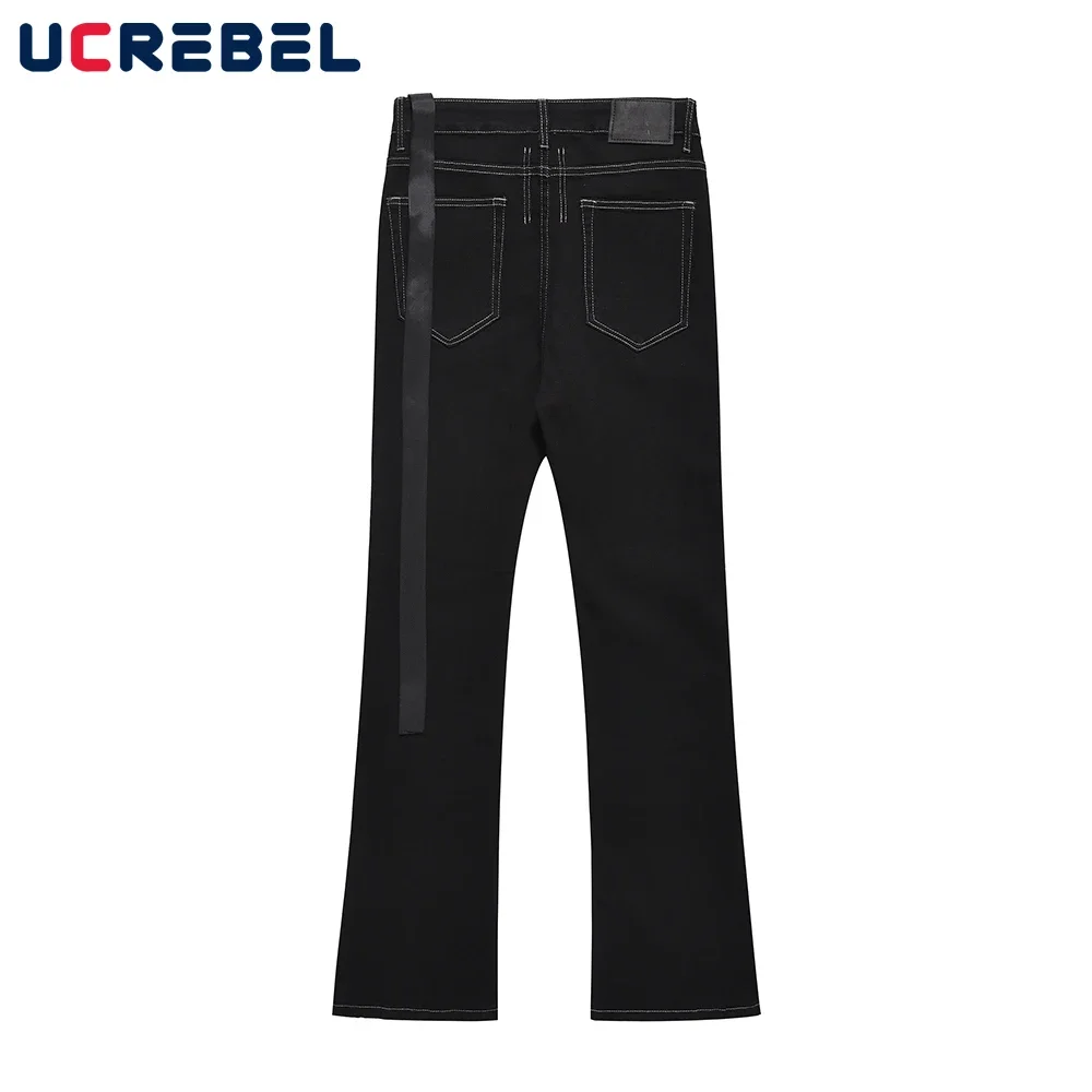 Ribbon Decoration Flared Jeans Mens High Street Washed Solid Color Straight-leg Pants Men Trousers