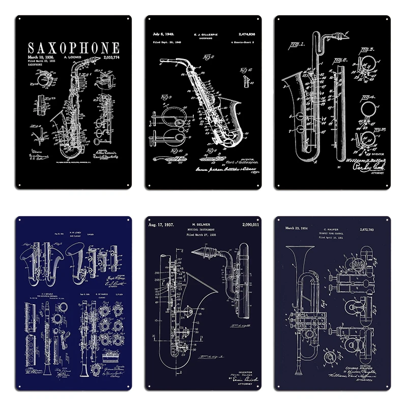 Jazz Saxophone Vintage Patent Images 1915 Metal Signs Wall pub Decoration Club Bar  Jazz Saxophone Tin sign Posters