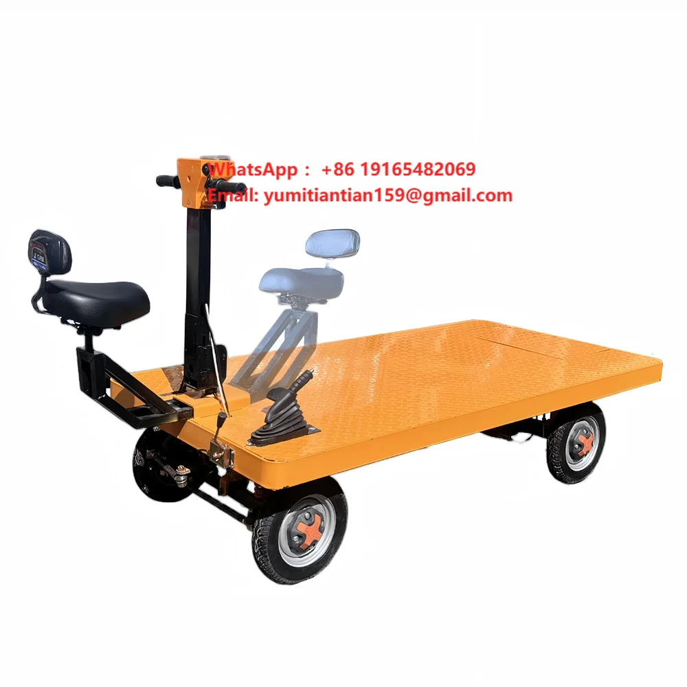 Electric Platform 4-Wheel Hand Cart with Seat Rotate 360° Warehouse Construction Site Transport Heavy-Duty Cargo Cart