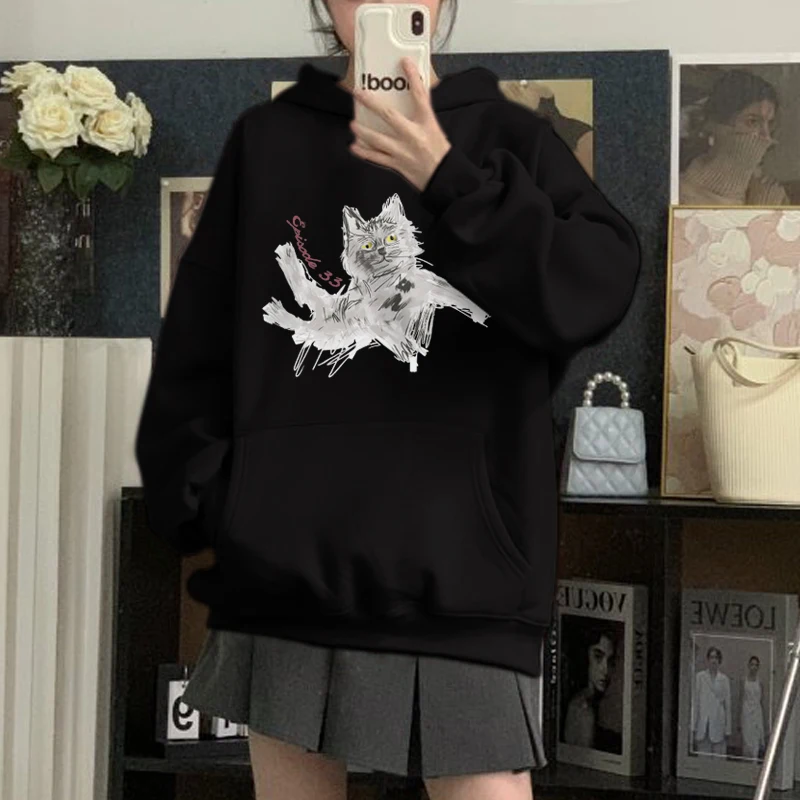 

Black hooded sweatshirts women's spring and autumn 2024 new scare cat pattern hoodies American retro loose top