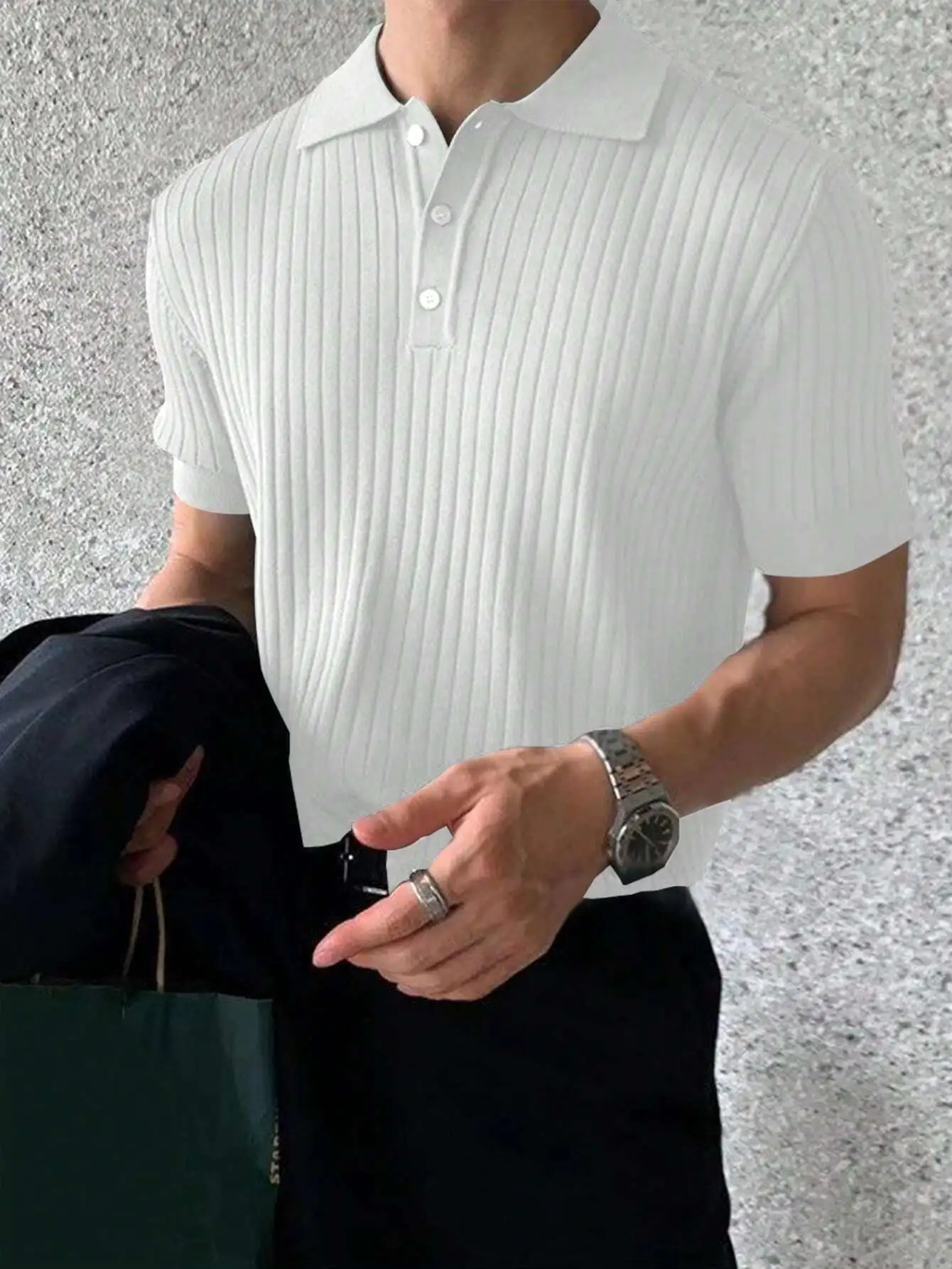 

Men's Ribbed Knit Short Sleeve Quarter Button Polo Shirt - Casual Plain Design
