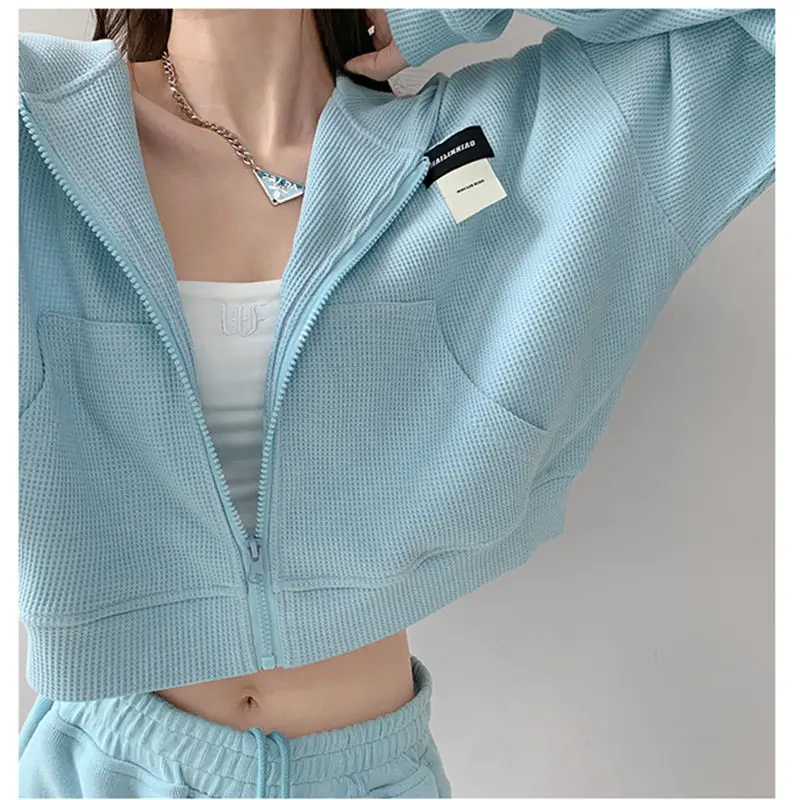 Deeptown Harajuku Frauen Sweatshirts koreanische Mode Sport bekleidung weibliche Reiß verschluss Hoodies Vintage Streetwear Basic Casual Cropped Top