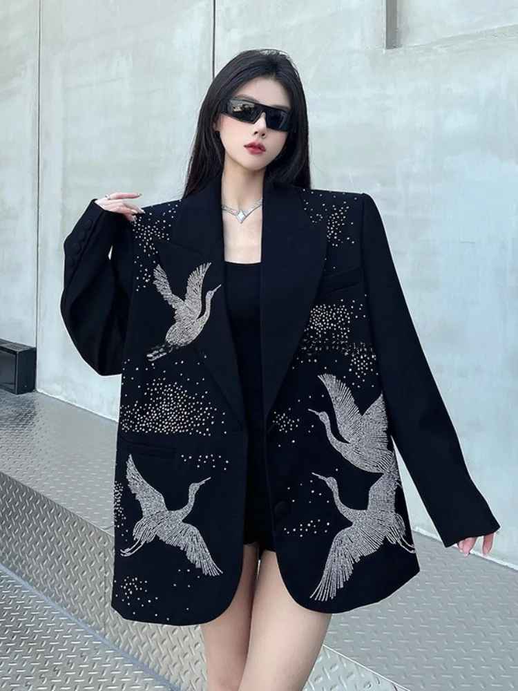 

Bla Luxury Women's Suit Jaet with Rhinestones Design Sensation Spring 2025 Loose Fit Polyester Long Sve Single Button