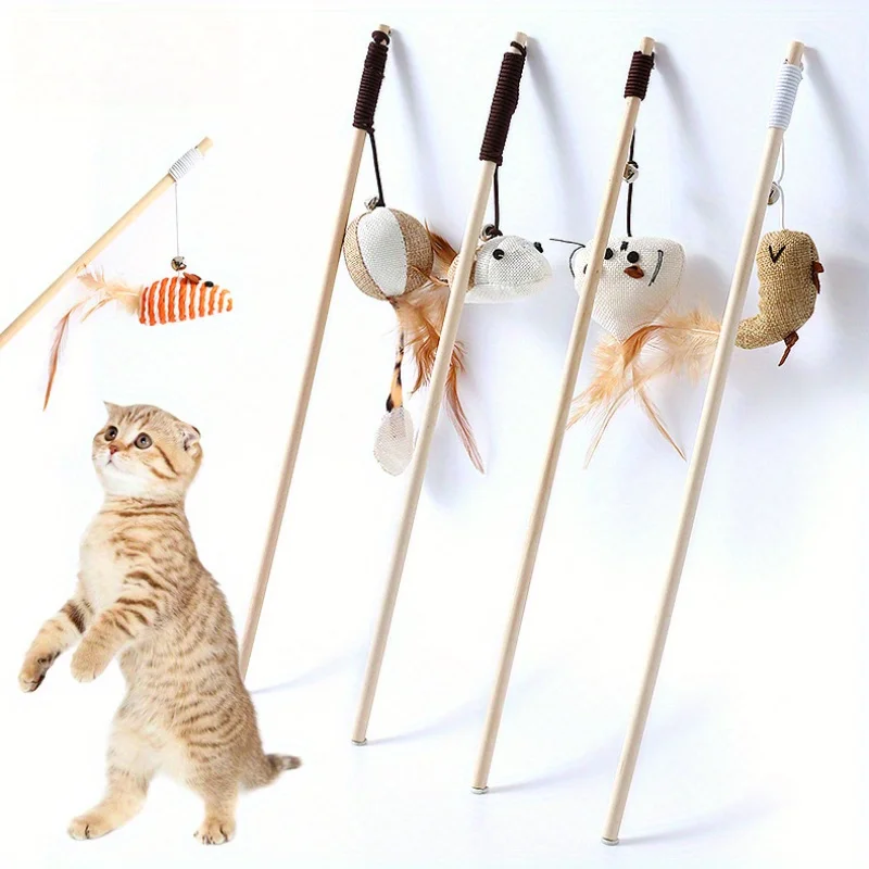 Neue Katzenspielzeug-Maus aus Holz mit Feder und Glocke, Katzenstab zum Necken, Haustierbedarf