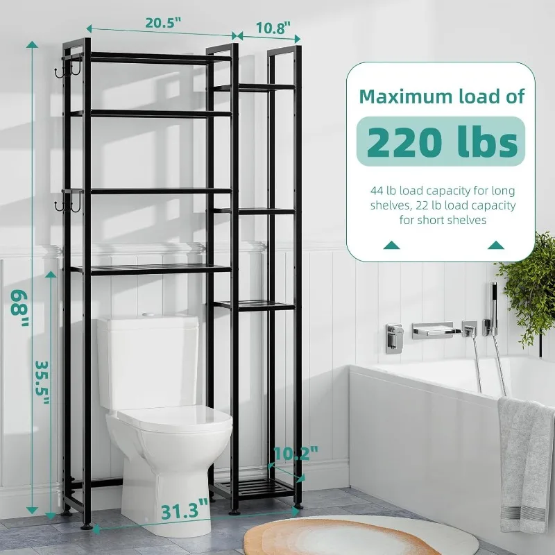 8 Tier Over The Toilet Storage with Side Rack, Bathroom Organizer Metal Shelves for Towels,