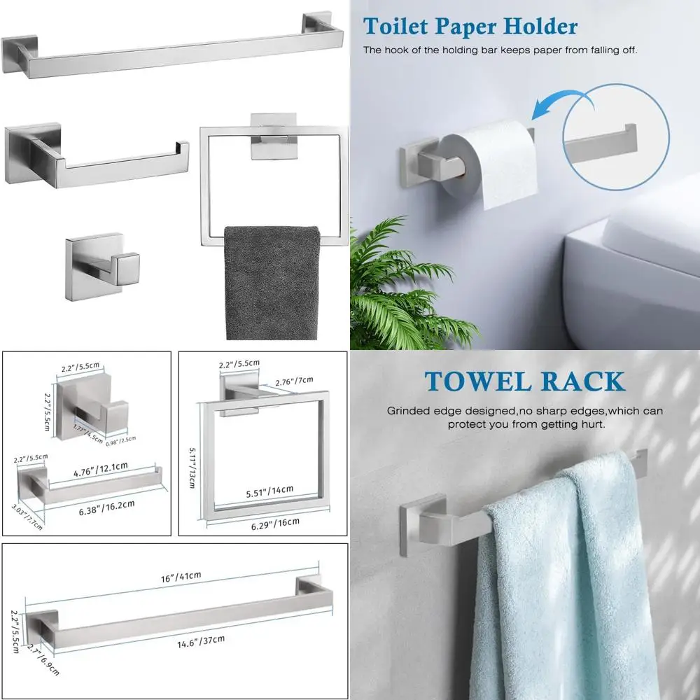

Complete 4-Piece Bathroom Accessory Set: 16 Towel Bar, Holder, Toilet Paper Stand, and Hook