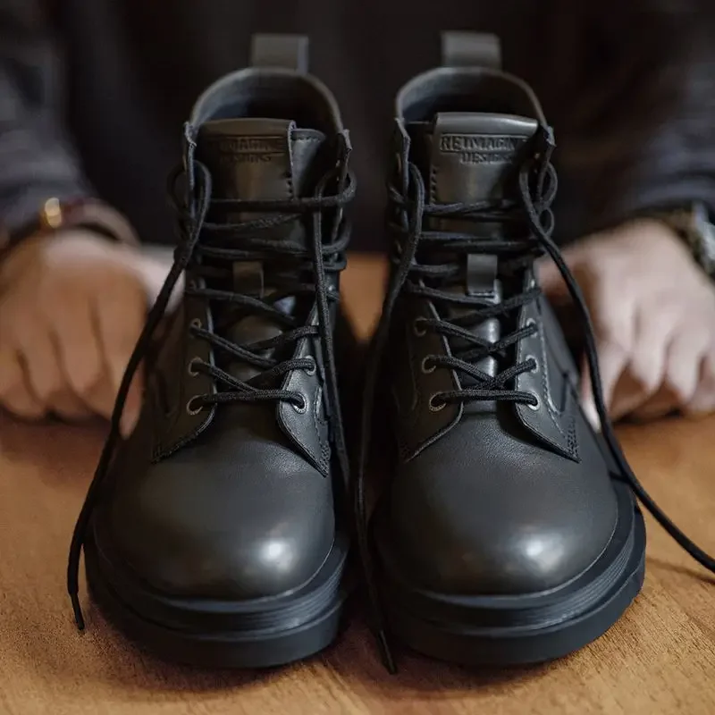 Maden masculino retro estilo britânico preto botas de sola grossa versátil meados de bezerro botas de trabalho dedo do pé redondo sapatos de couro casuais para o outono
