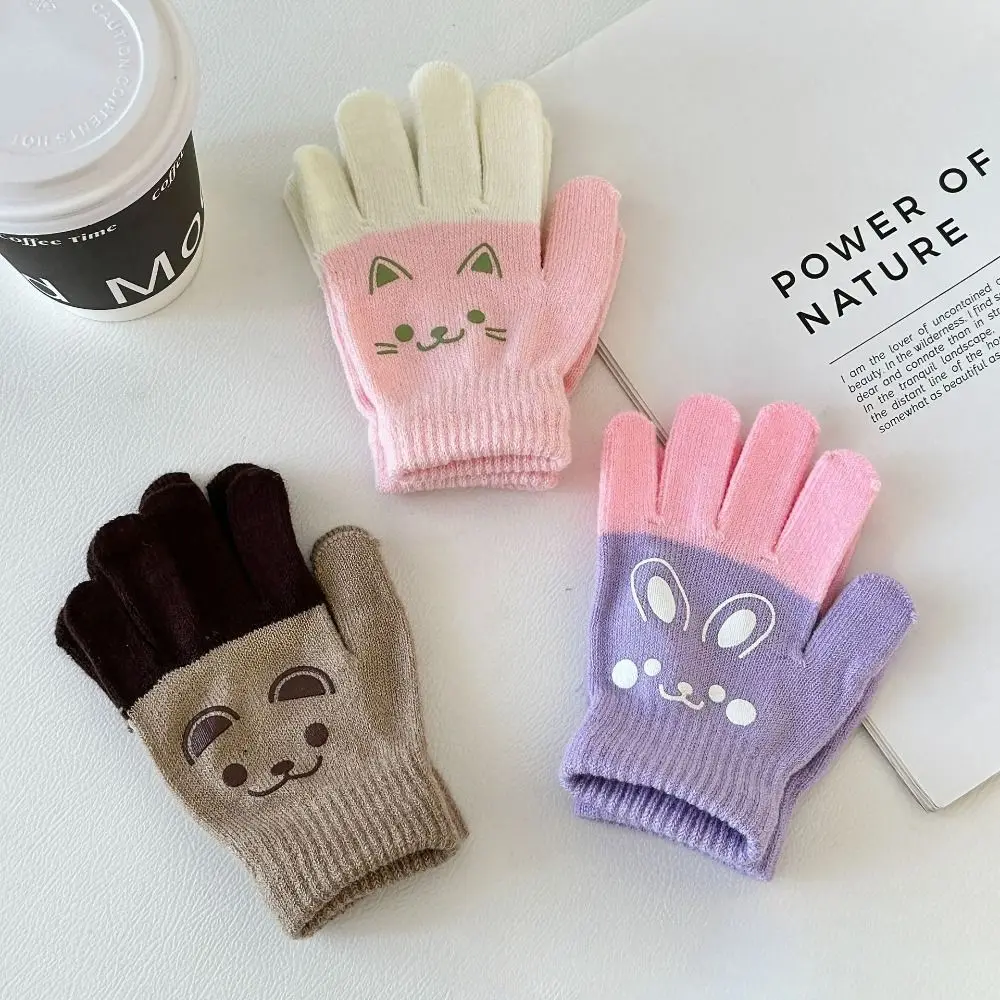 

Cute Cartoon Bear Gloves Winter Warm Knitted Knitting Mittens Korean Style Full Finger Gloves for 4-8 Year Old Boys Girls