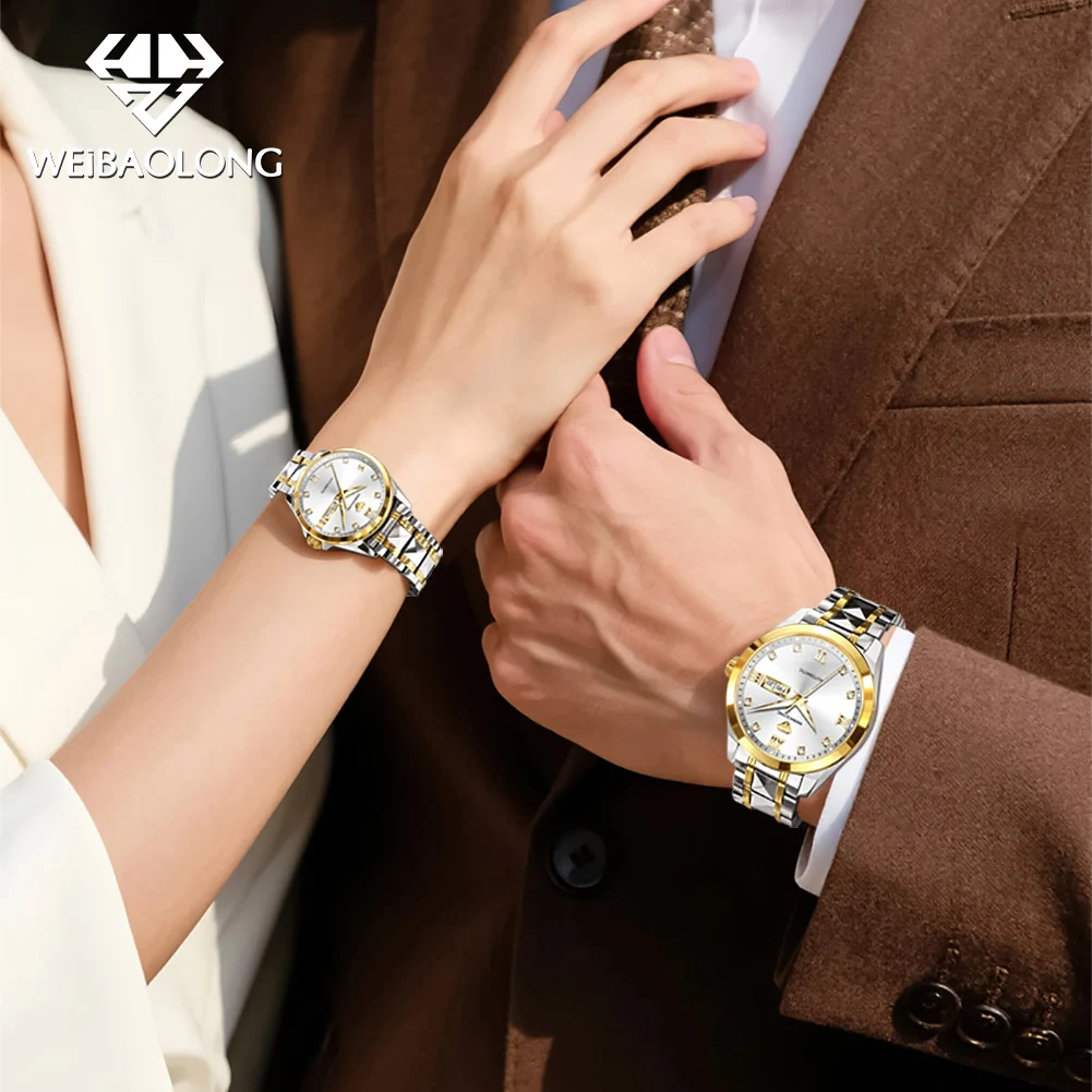 WEIBAOLONG 3803 ساعات الماس الحقيقية للأزواج مقاوم للماء مضيئة التلقائي الميكانيكية زوجين ساعة اليد الفاخرة #4